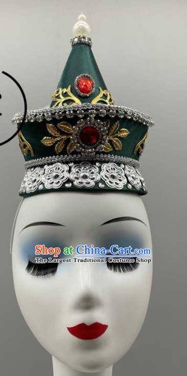 Chinese Mongol Nationality Woman Headdress Ethnic Stage Performance Deep Green Hat Mongolian Minority Dance Headwear