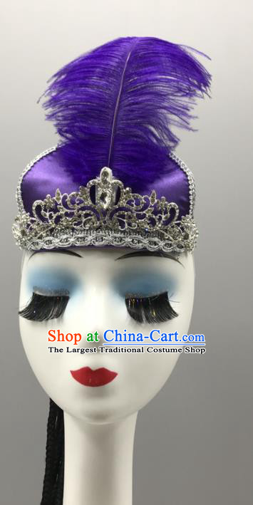 Chinese Ethnic Stage Performance Braids Headpiece Xinjiang Minority Dance Purple Feather Hat Uyghur Nationality Woman Headdress