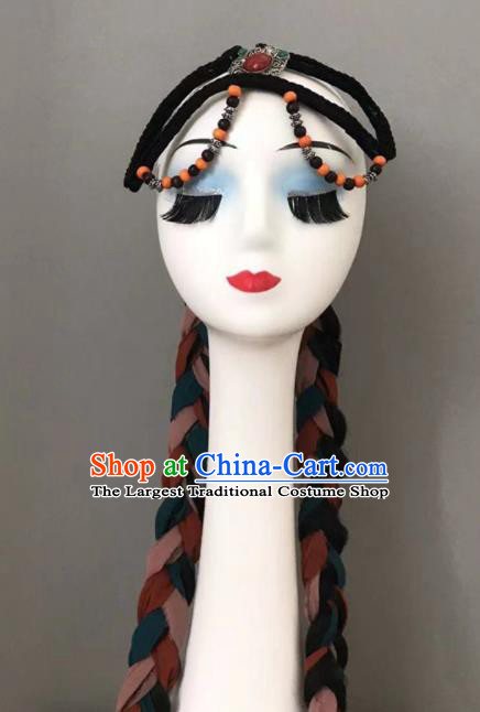 Chinese Tibetan Minority Dance Hair Jewelry Zang Nationality Woman Headdress Ethnic Stage Performance Braids Headpiece