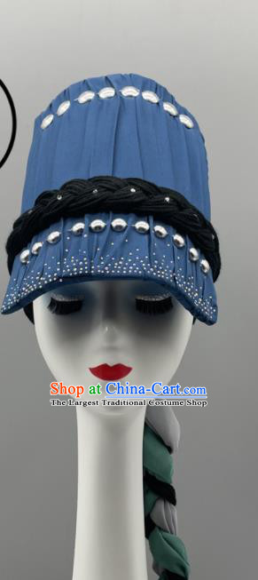 Chinese Yi Nationality Woman Braids Headdress Ethnic Stage Performance Blue Hat Wa Minority Dance Headwear