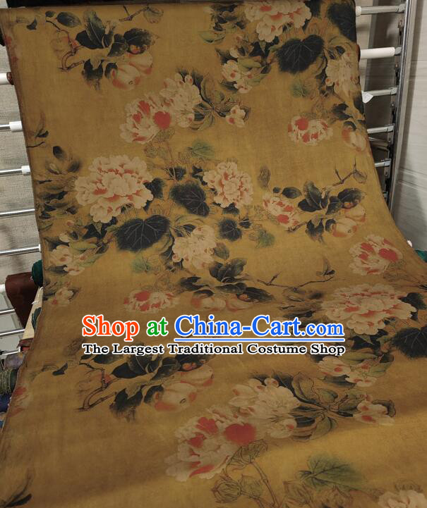 Chinese Traditional Cheongsam Yellow Silk Material Classical Peony Pattern Design Gambiered Guangdong Gauze Fabric