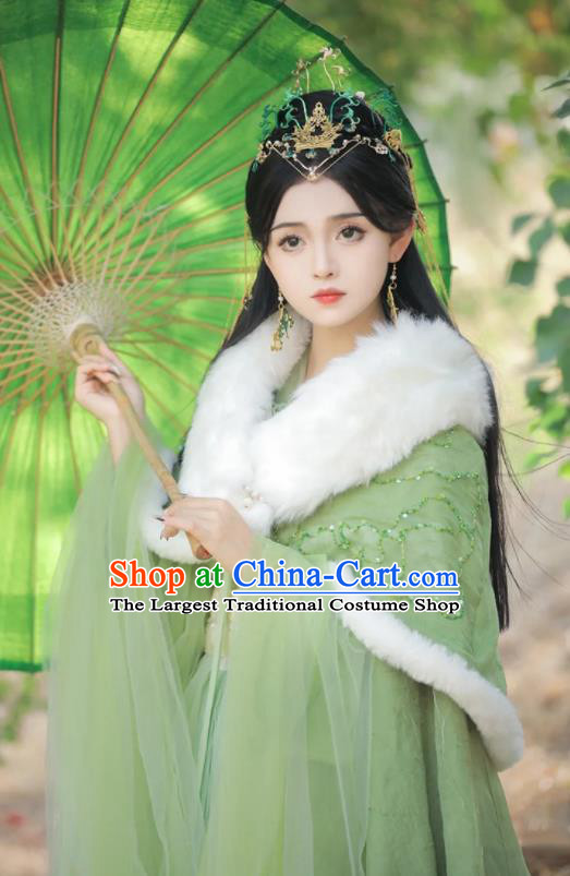 Chinese Ancient Fairy Clothing Traditional Green Hanfu Dress and Long Mantle Jin Dynasty Princess Costume