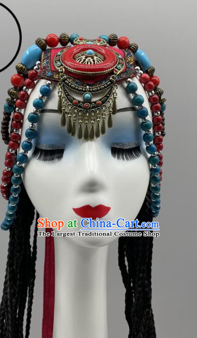 Chinese Tibetan Folk Dance Beads Headpiece Stage Performance Hair Jewelry Zang Nationality Dance Braid Headdress