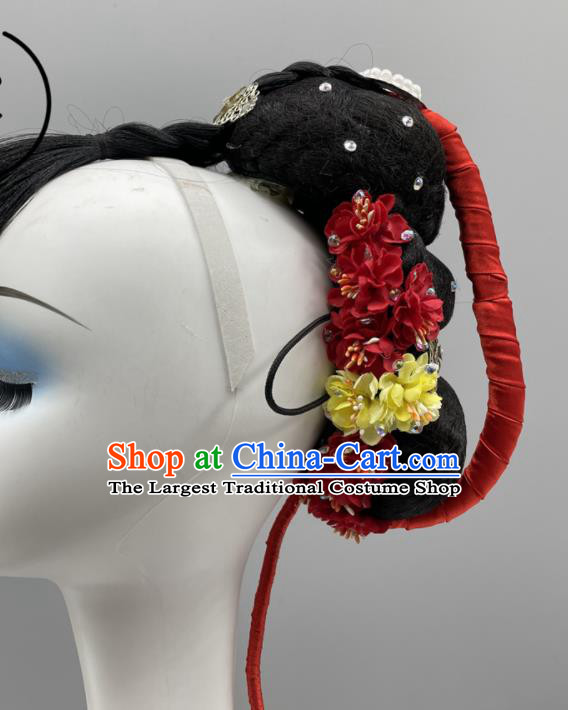 Chinese Stage Performance Wig Chignon Classical Dance Hairpiece Woman Dance Competition Headdress