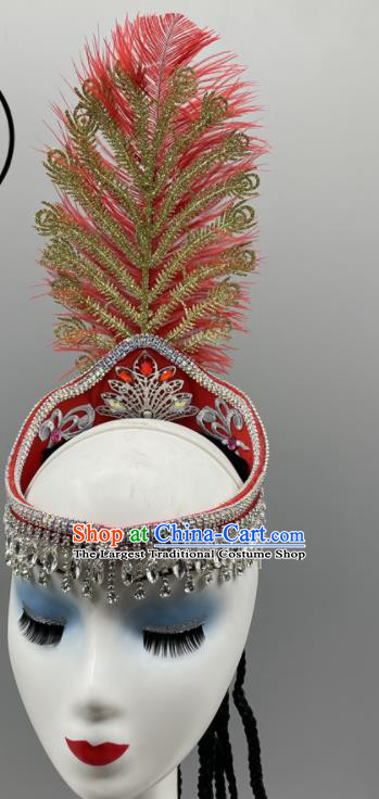 Chinese Xinjiang Dance Red Feather Headband Ethnic Stage Performance Hair Jewelry Uyghur Nationality Folk Dance Headdress