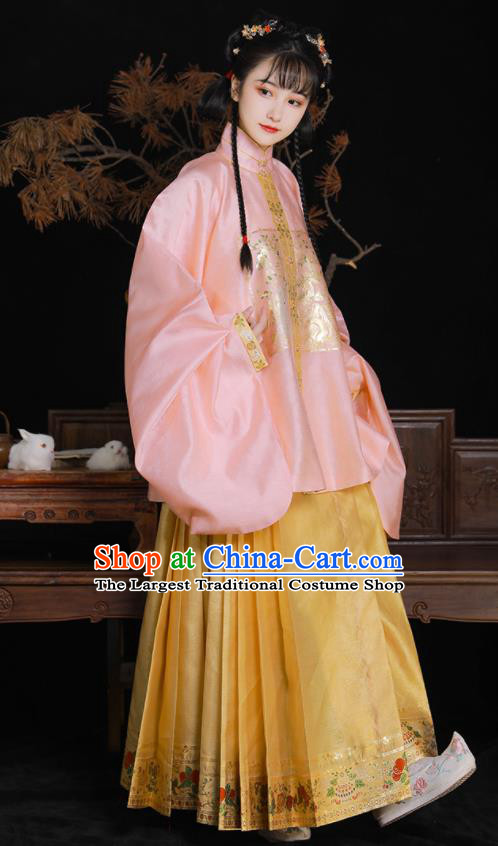 Chinese Ming Dynasty Princess Garment Costumes Traditional Hanfu Dress Ancient Palace Beauty Clothing Pink Blouse and Yellow Skirt Complete Set