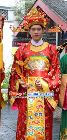 Chinese Traditional New Year Celebration Red Gown Fortune God Garment Costumes Ancient God of Wealth Clothing