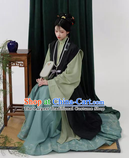 China Ancient Young Mistress Costumes Traditional Hanfu Ming Dynasty Black Long Vest Green Gown and Blue Ma Mian Qun Skirt Complete Set