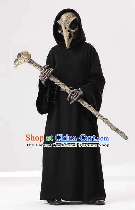 Halloween Fancy Ball Crow Skull Costume Top Cosplay Demon Black Robe and Headdress for Adults