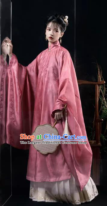 China Traditional Hanfu Fashion Ancient Ming Dynasty Replica Costumes Young Woman Pink Long Gown and Mamian Qun