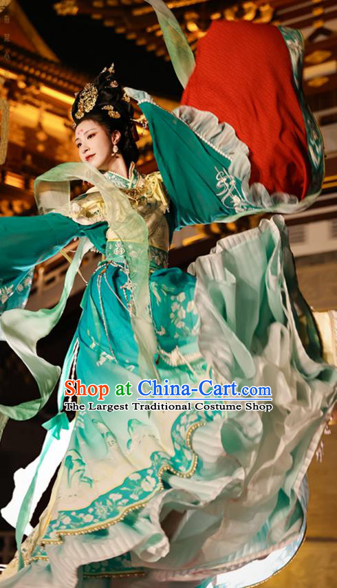 China Traditional Mural Empress Green Hanfu Dress Ancient Goddess Costumes Southern and Northern Dynasties Historical Clothing