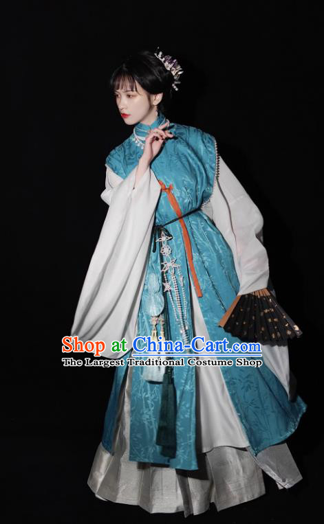 China Ming Dynasty Historical Clothing Traditional Hanfu Blue Vest Long Gown and Mamian Skirt Ancient Noble Woman Costumes