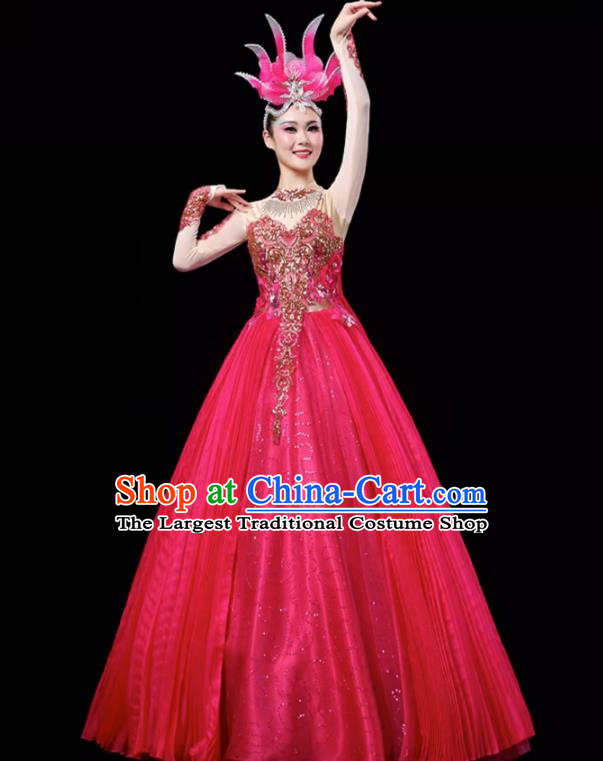 Rose Red Opening Dance Large Swing Skirt Dance Costume Large Party Stage Costume Performance Costume Long Skirt Tutu Skirt Wings