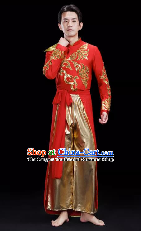 Red Men S Drumming Suit Opening Dance Costume Male Backup Dancer Suit Modern Dance Costume Fan Dancer Dragon Dance Costume