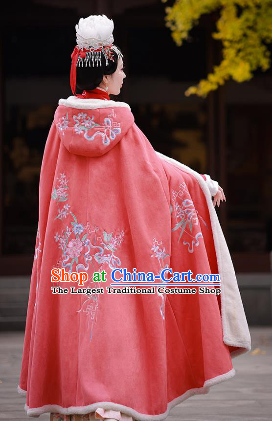 China Winter Pink Cloak Embroidered Hanfu Cape Ancient Princess Clothing Song Dynasty Woman Costume