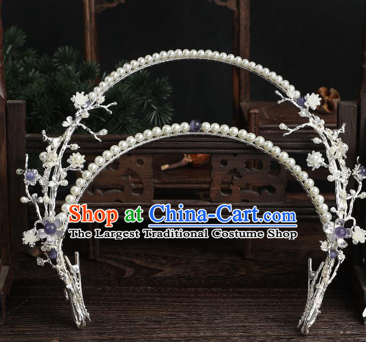 Chinese Ancient Goddess Hair Crown Top Hanfu Hair Jewelry Handmade Pearls Headgear