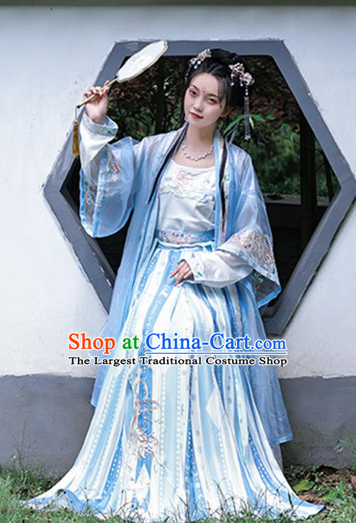 Traditional Hanfu Blue Long Beizi Dress China Ancient Young Lady Clothing Song Dynasty Embroidered Costumes