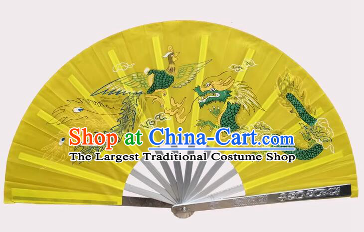 Stage Performance Dragon and Phoenix Yellow Fan Top Stainless Metal Fan Tai Chi Dance Fan Kung Fu Fan