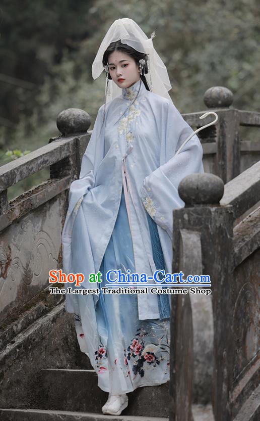 China Ming Dynasty Royal Princess Costumes Traditional Embroidered Blue Hanfu Dress Ancient Noble Beauty Clothing