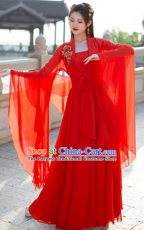 China Ancient Fairy Costume Tang Dynasty Woman Clothing Red Wide Sleeve Flow Fairy Dress