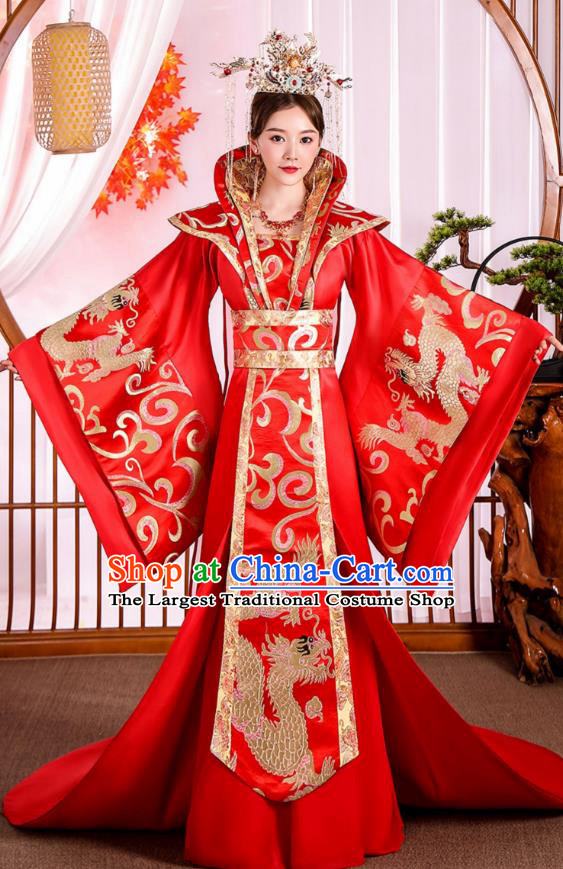 China Tang Dynasty Empress Clothing Traditional Wedding Hanfu Red Trailing Dress Ancient Imperial Consort Costume