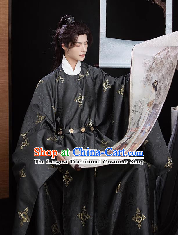 China Ancient Scholar Hanfu Black Round Collar Robe Ming Dynasty Young Childe Historical Costumes