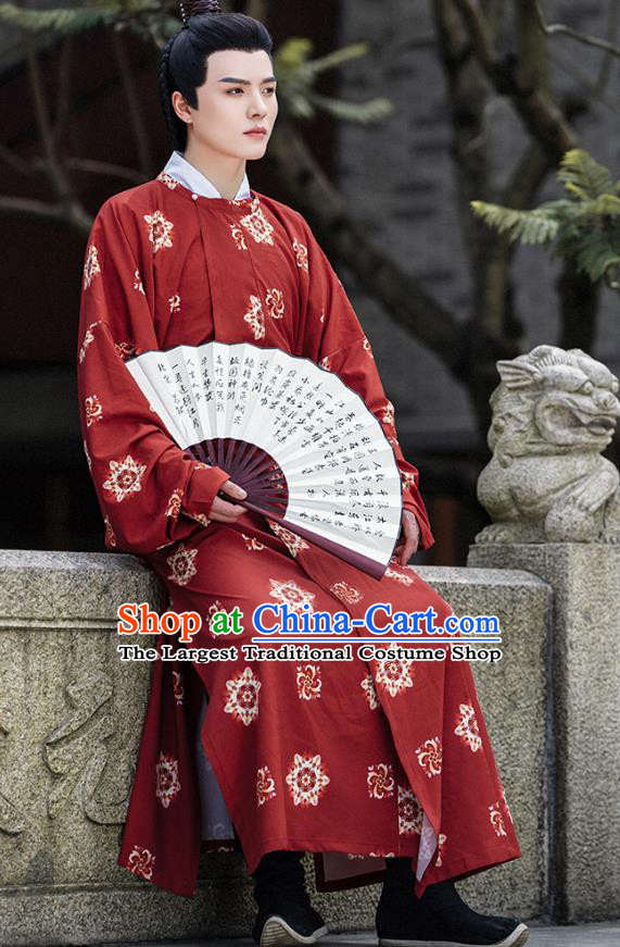 China Male Hanfu Red Round Collar Robe Ancient Young Warrior Clothing Tang Dynasty Swordsman Historical Costume