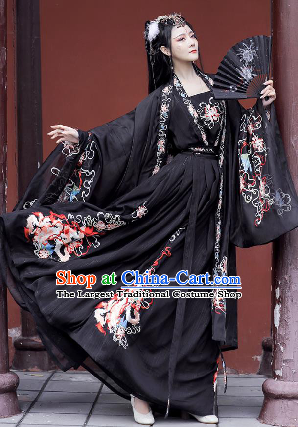 China Female Hanfu Black Ruqun Ancient Fairy Clothing Song Dynasty Embroidered Historical Costumes