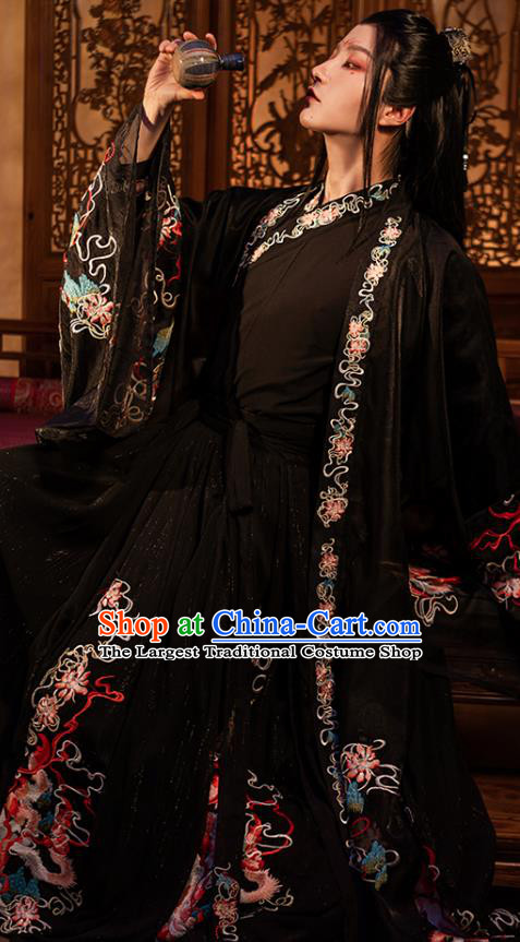 China Ancient Swordsman Clothing Song Dynasty Embroidered Historical Costumes Male Hanfu Black Ruqun Complete Set