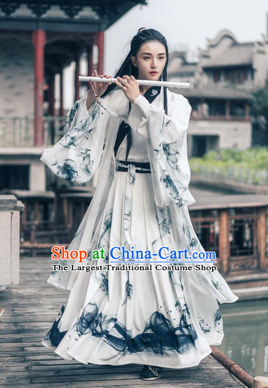 China Jin Dynasty Young Childe Historical Costumes Man Hanfu Ancient Swordsman Ink Painting Clothing