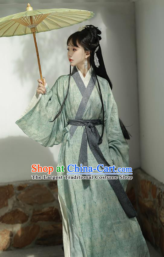 China Song Dynasty Green and White Long Gowns Traditional Hanfu Costume Ancient Woman Clothing