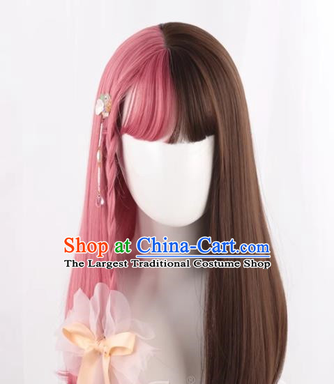 Wig For Women With Long Straight Hair Lolita Natural Internet Celebrity Color Matching Gradient Pink And Brown Two Color Girl Full Fake Hair