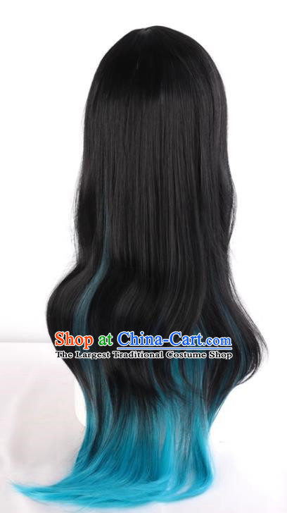 Harajuku Long Straight Hair Black Mixed Blue Gradient Fake Hair Cosplay Rose Net Full Wig