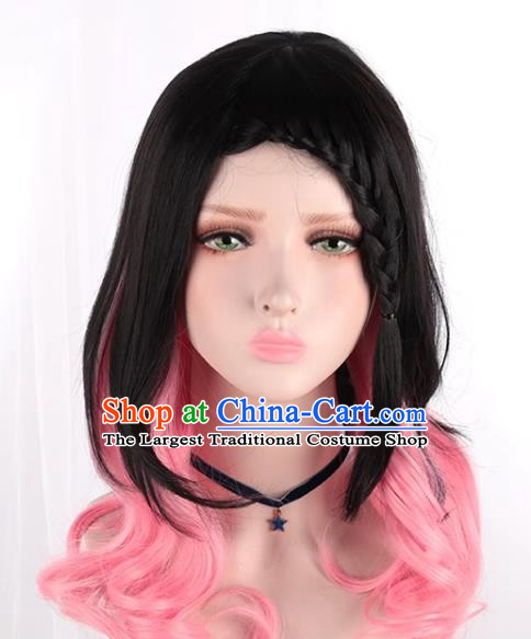 Lolita Girls Fake Hair Black Mixed Pink Side Braids Cos Daily Wig