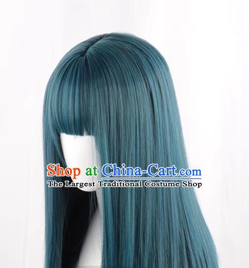 Wig For Women With Medium Long Straight Hair Fashionable Mixed Blue Clavicle Hair Full Headband Inner Buckle At The End Trendy Short Straight Hair