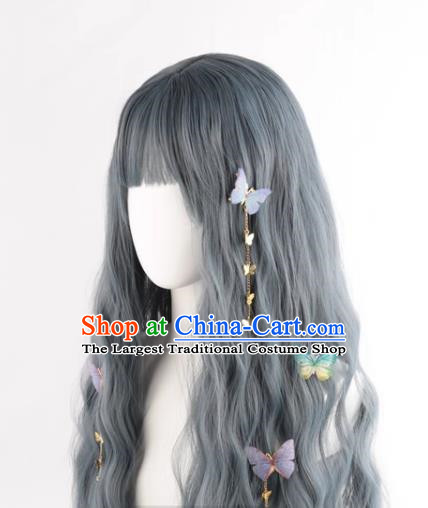 Haze Gray Blue Lo Girl Fake Hair Lolita Curly Hair Full Headset Wig Lolita Female Long Hair