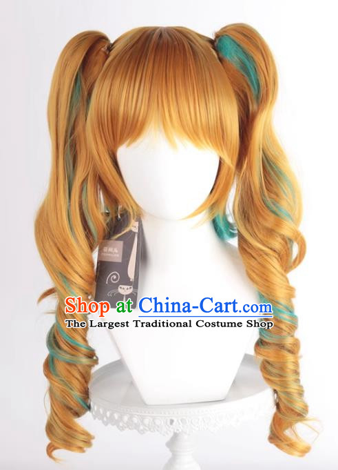 The Binder Shinzan Renzi Golden Brown Turquoise Highlighted Cos Wig Main Body Double Ponytail Long Curly Hair