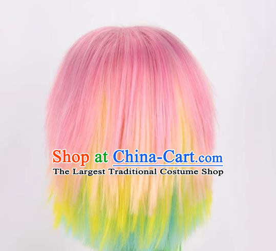 Rainbow Mixed Short Straight Hair Fluffy Women's Cosplay Short Hair Yellow Green White Gradient Wig