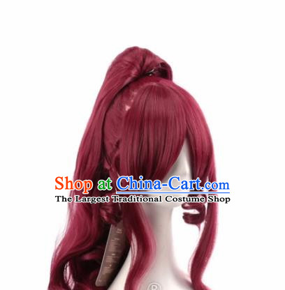 Dark Wine Red Long Curly Hair Single Ponytail Cos Wig