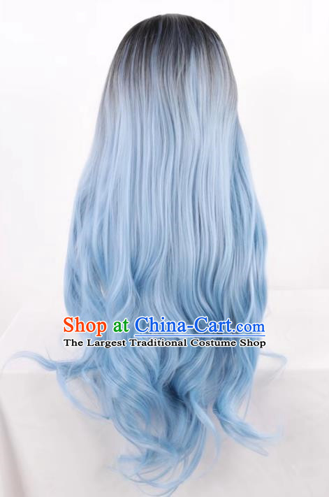 Black Gradient Ice Blue Middle Parted Women Fashion Long Curly Hair High Temperature Silk Prom Performance Full Wig