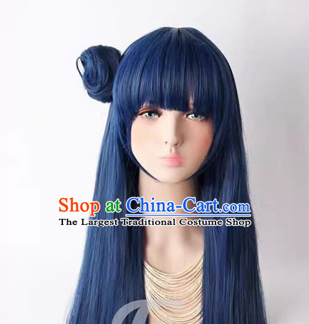 Lovelive ! Sunshine !! Yoshiko Tsushima Mixed Blue Long Straight Hair Hair Bag Cos Wig