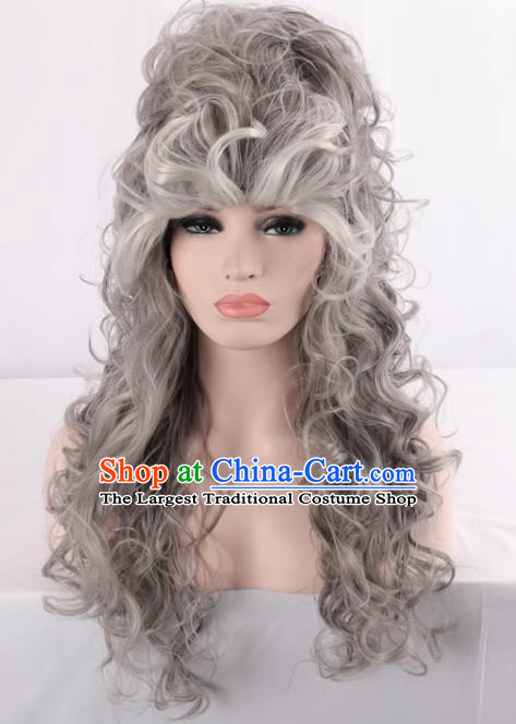 European And American Palace High Hat Style Mixed Gray Ladies Full Fake Hair Long Curly Hair Cosplay Wig