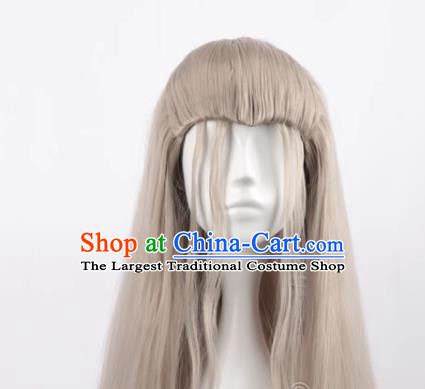 Linen Gray Men Long Curly Hair Cos Anime Wig