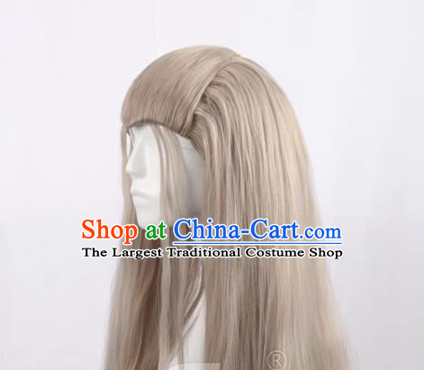 Linen Gray Men Long Curly Hair Cos Anime Wig