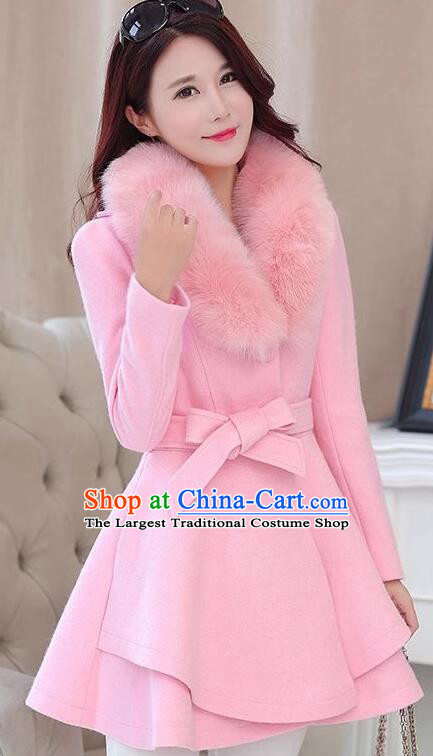 Woman Plus Size Costume Winter Female Pink Woolen Jacket Elegant Slim Fur Collar Coat