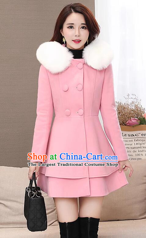 Woman Elegant Slim Fur Collar Coat Plus Size Costume Winter Female Pink Woolen Jacket