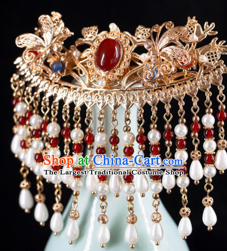 China Ancient Queen Pearl Tassel Hairpin Handmade Hanfu Hair Jewelry Song Dynasty Empress Agate Hair Clip