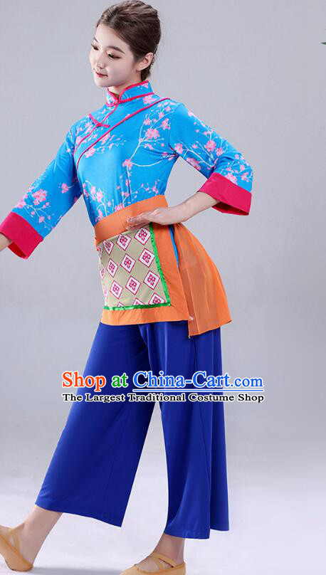 Hakka Style Performance Costume China Folk Dance Blue Outfit Yangko Dance Picking Tea Girl Clothing