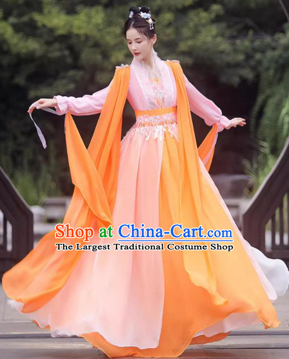 China Ancient Goddess Hanfu Classical Dance Clothing Orange Fairy Dress