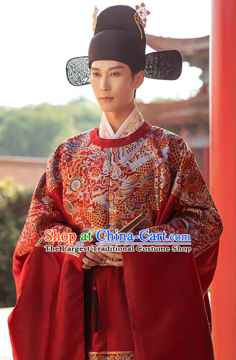 China Ancient Number One Scholar Zhuangyuan Clothing Male Wedding Hanfu Red Robe Ming Dynasty Groom Costume